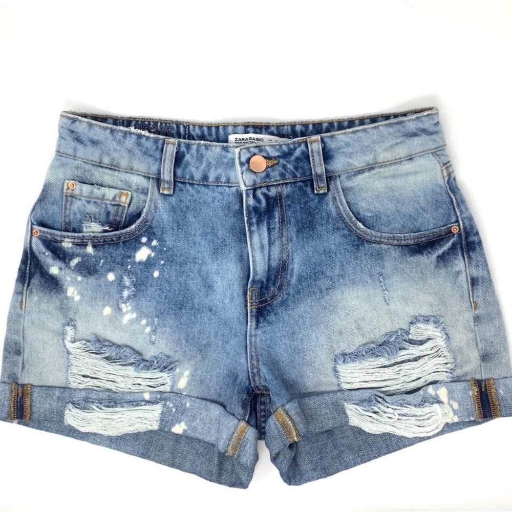Zara Denim Distressed Blue Women's Roll-Cuff Shorts